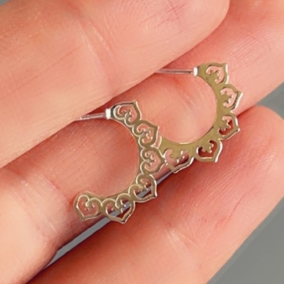 Sterling Silver Laser Cut Heart Half Hoop Earrings - Picture 6 of 9